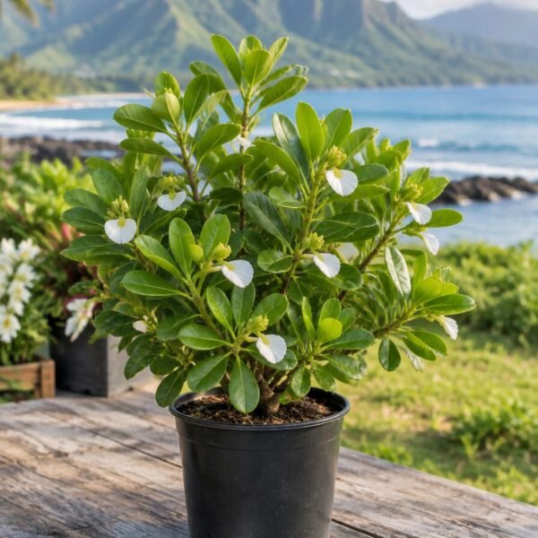 Beach naupaka shrub with white half flowers in a black nursery pot
