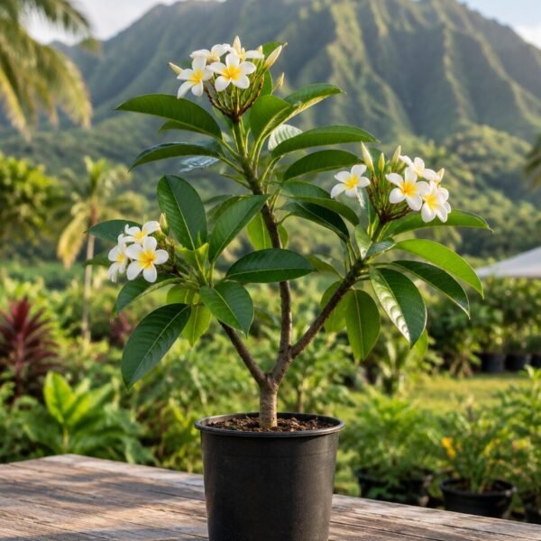 Young plumeria tree with white flowers in a black nursery pot