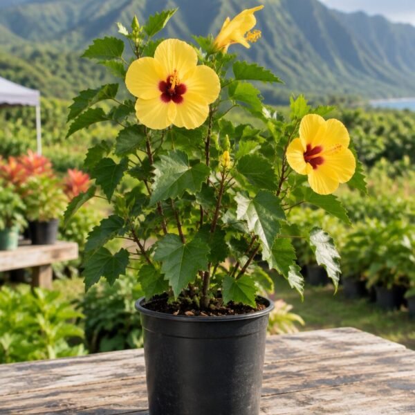 Native Hawaiian yellow hibiscus with bright yellow flowers in a black nursery pot